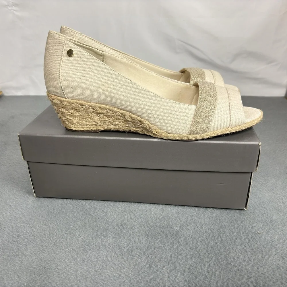 NOS Aubrey Lynn Shoes Womens Size 10 Natural Wedge Espadrille Peep Toe